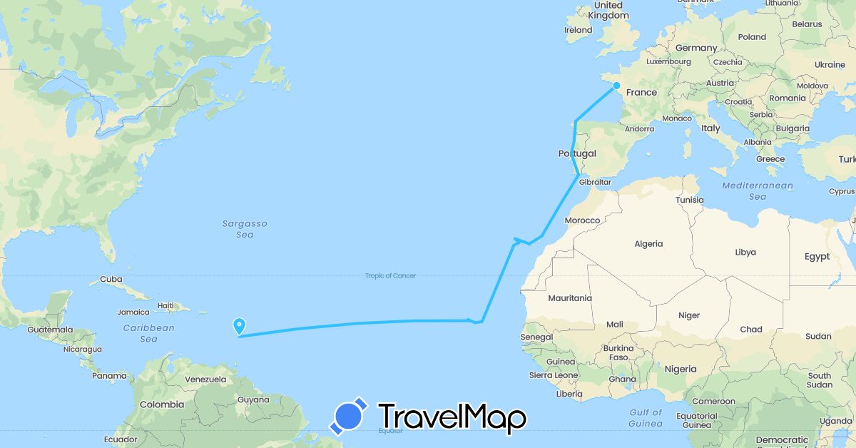 TravelMap itinerary: driving, boat in Cape Verde, Spain, France, Portugal (Africa, Europe)